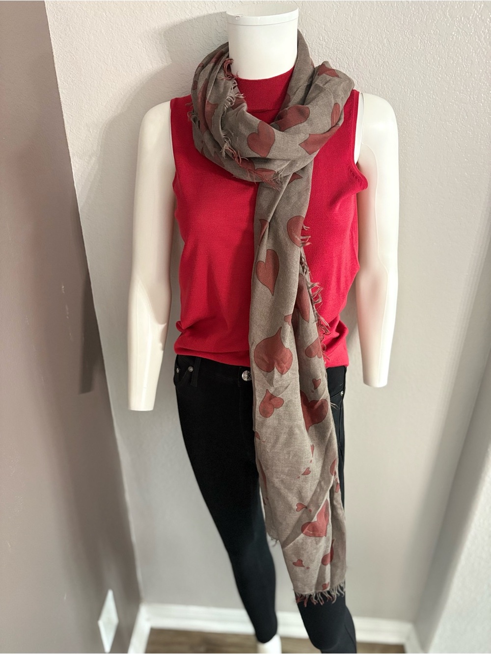 Taupe Scarf with Red Heart Motif - Women's Lightweight Wrap